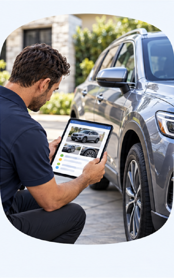 A team member inspects an arriving fleet vehicle while recording condition and mileage on a tablet.