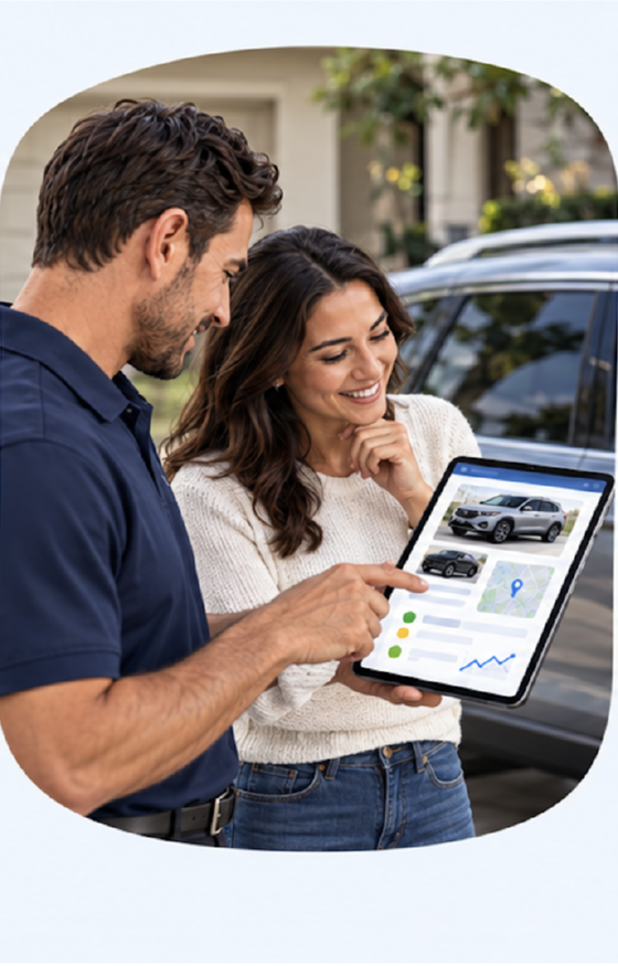 A team member reviews vehicle details and consignment terms on a tablet with a fleet representative.
