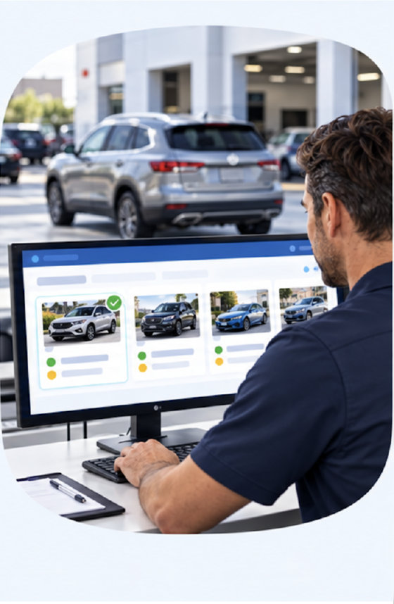A team member confirms accepted vehicles on a desktop dashboard with green check status indicators.