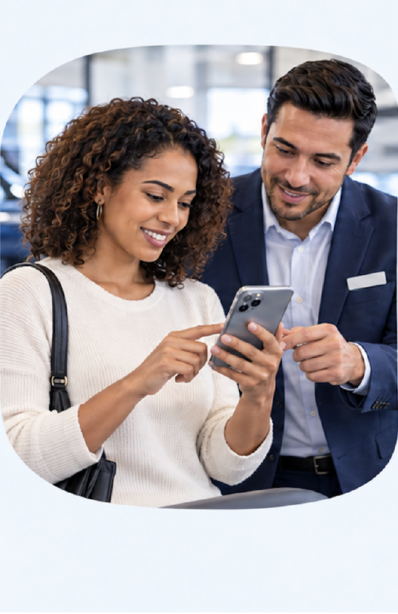 A customer opens the VinTraxx Capital application on a phone while a specialist looks on.
