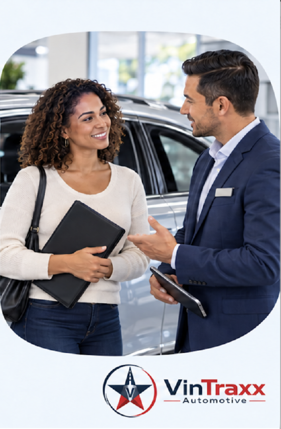 A dealership team member and a customer complete the financing paperwork together.