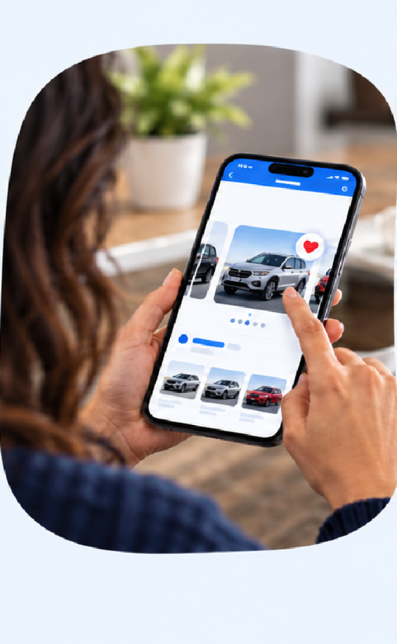 Close-up of a shopper reviewing vehicle details and saving a listing on a phone.