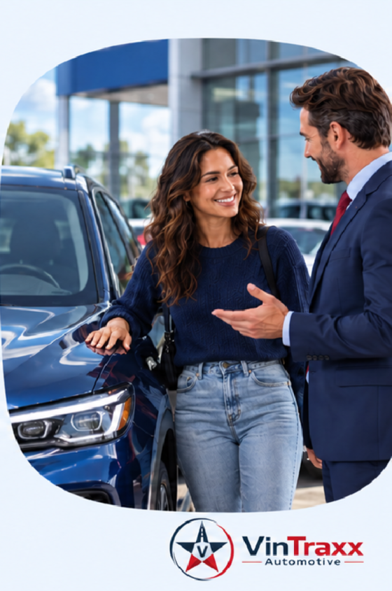 A shopper and a dealership team member beside a vehicle on the dealership lot.