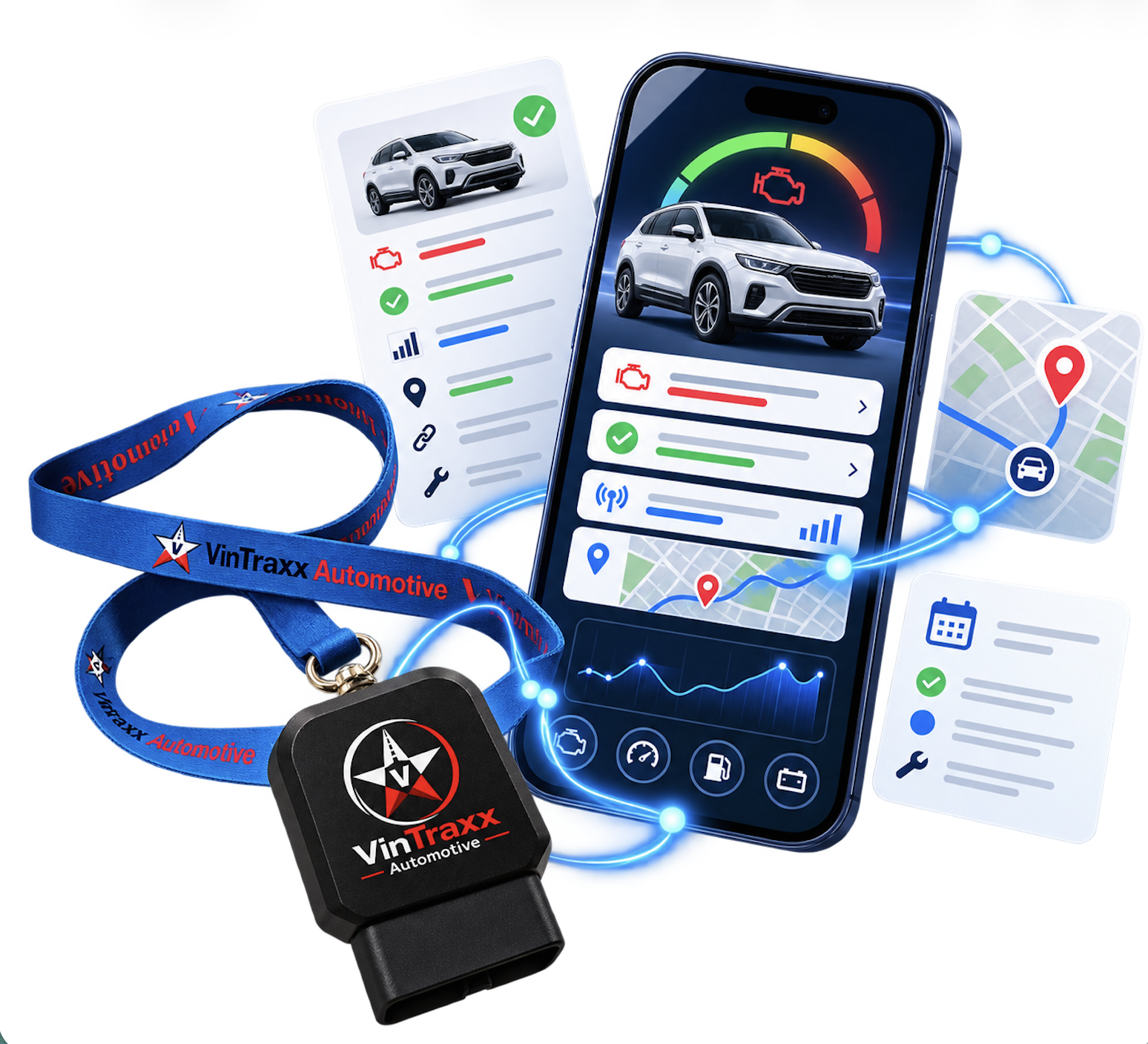 VinTraxx SmartScan connected vehicle platform showing the branded OBD scanner, mobile diagnostics dashboard, GPS vehicle location, health alerts and digital vehicle report.