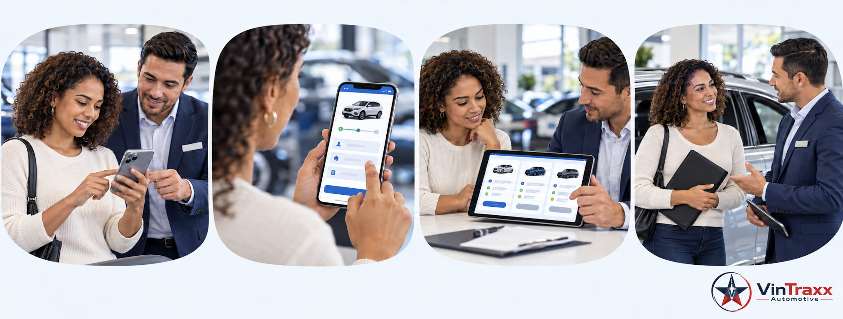 A customer and a dealership representative reviewing SmartScan vehicle information together on a phone and a tablet in a showroom.
