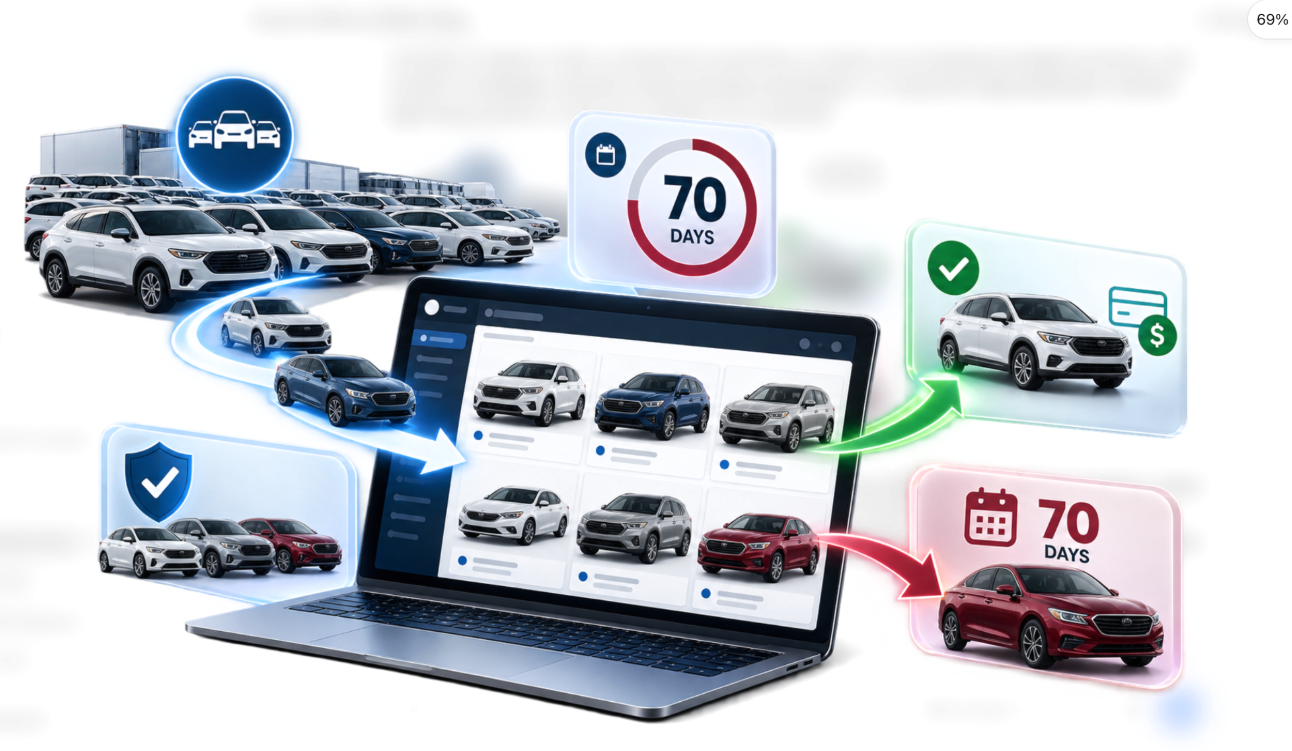 Commercial rental fleet vehicles entering a dealership's 70-day consignment inventory, with payment when sold and dealer purchase of remaining vehicles on day 70.
