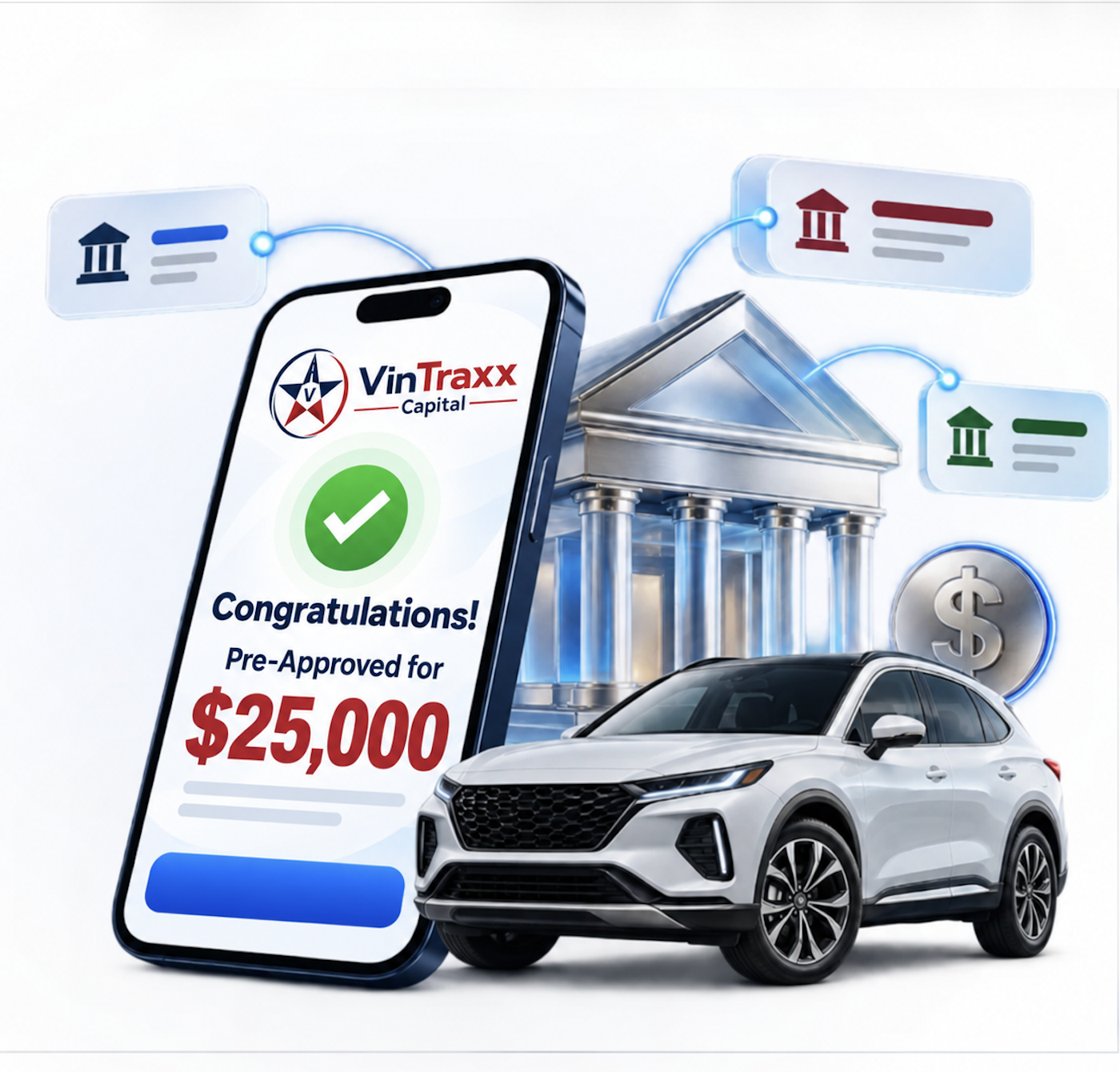 Digital vehicle-financing experience connecting a customer application with multiple funding sources.