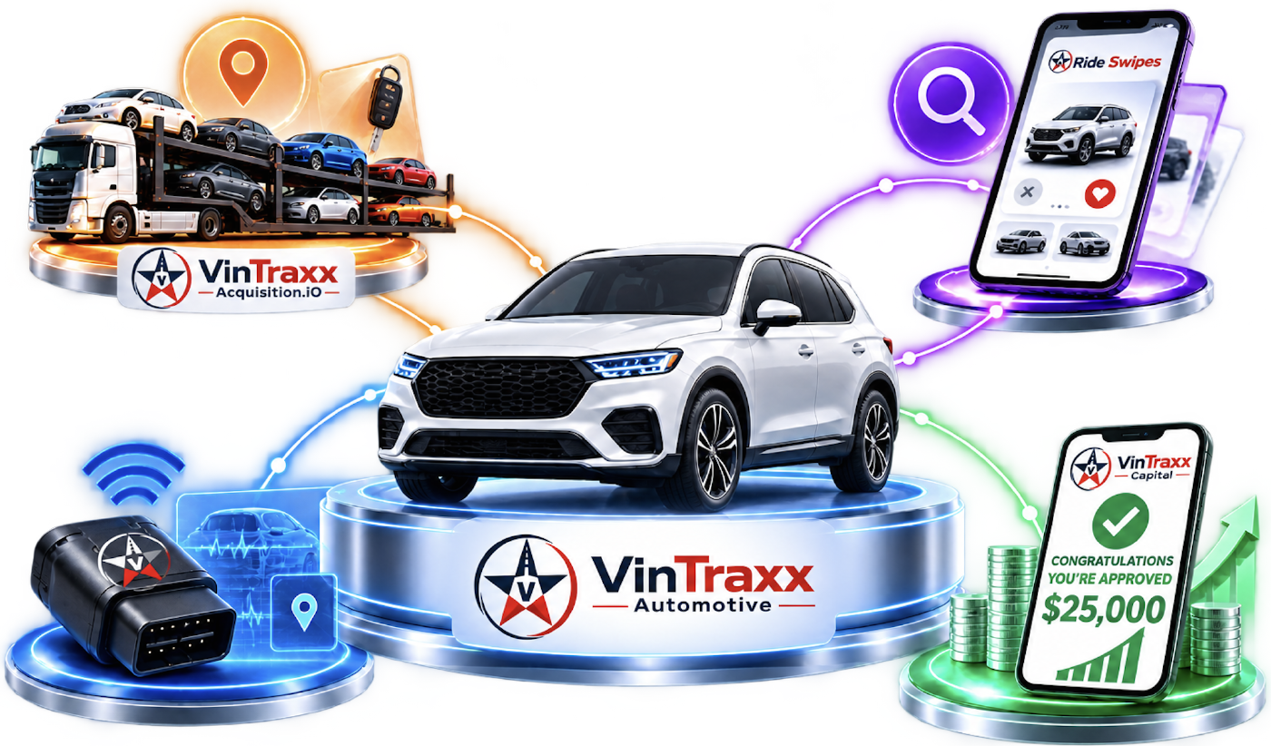 VinTraxx automotive ecosystem connecting inventory acquisition, vehicle discovery, SmartScan diagnostics and customer financing around one connected vehicle.