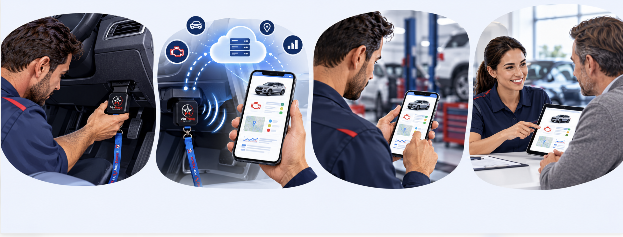 Illustrative photo: a service technician connects the VinTraxx SmartScan device to a vehicle's diagnostic port.
